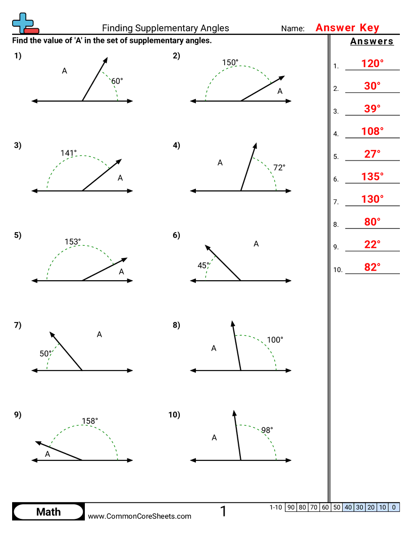 Angles Worksheets - Finding Supplementary Angles worksheet