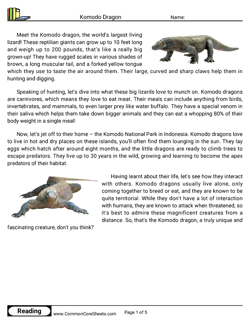 Reading Comprehension Reptiles - Komodo Dragon worksheet