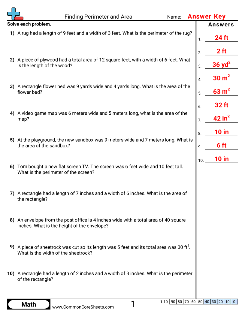 4md3 Worksheets - Perimeter - Area (Words) worksheet