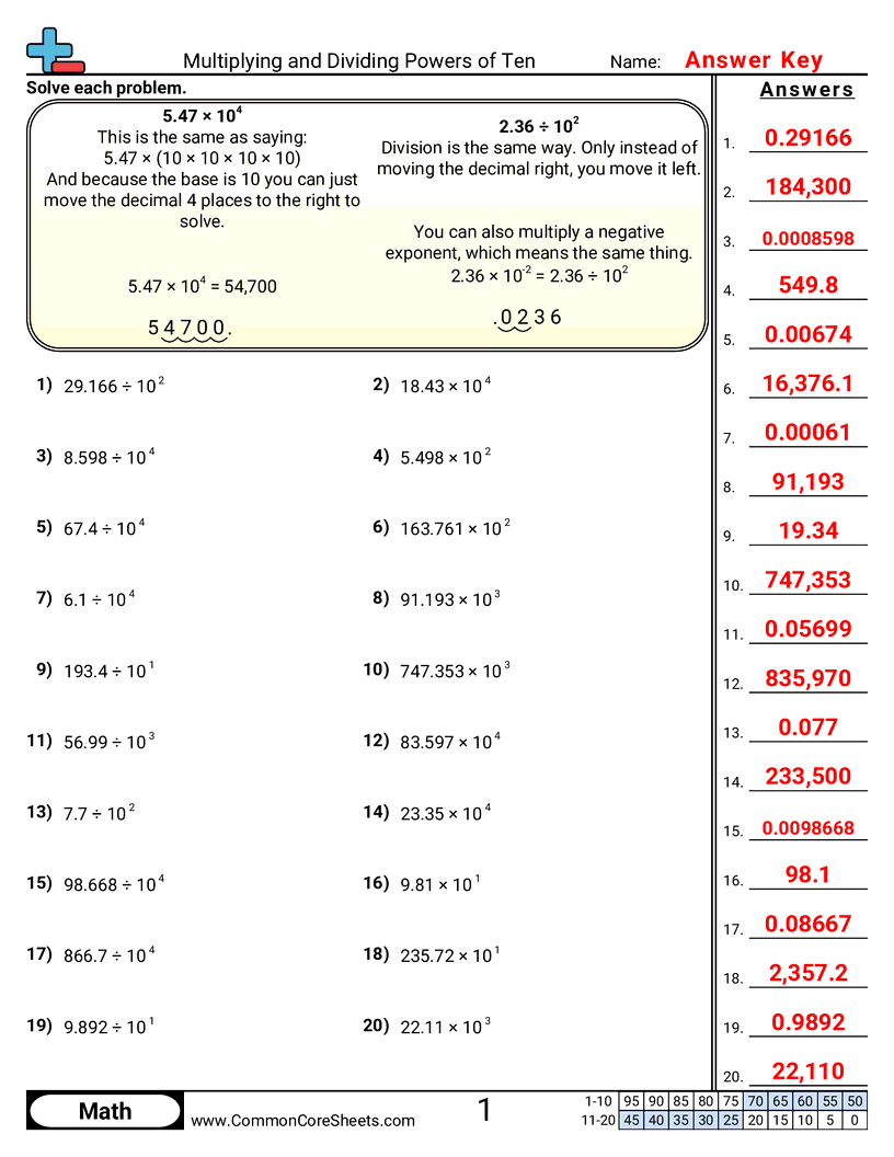 Decimal Worksheets - Multiplying and Dividing Powers of Ten worksheet