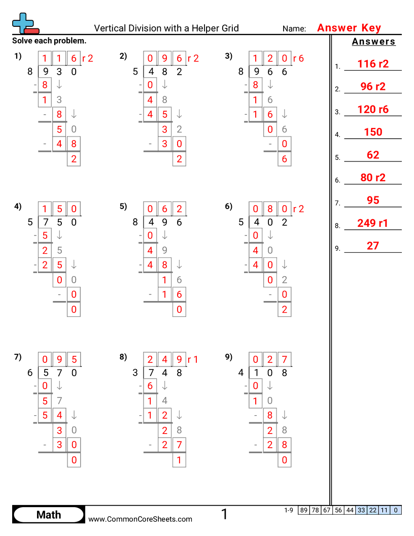 Division Worksheets - Vertical Division with a Helper Grid worksheet