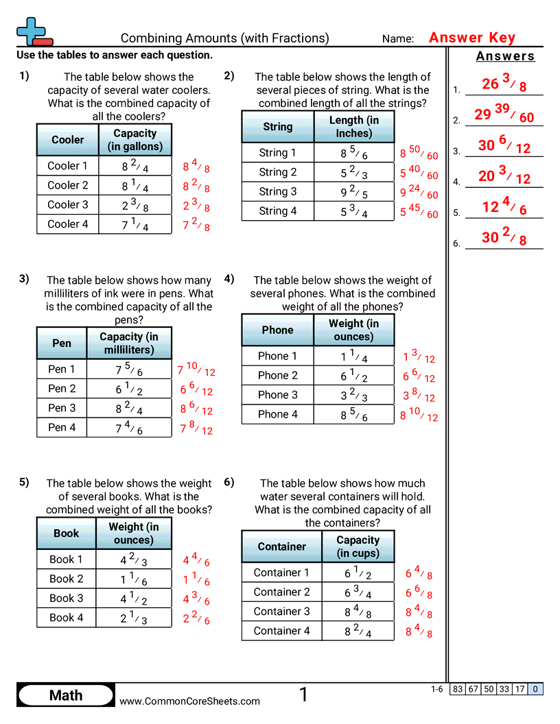 5nf1 Worksheets - Combining Amounts worksheet