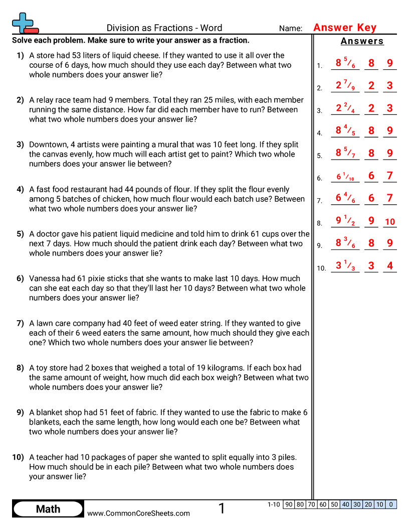5nf3 Worksheets - Division as Fraction - Word worksheet