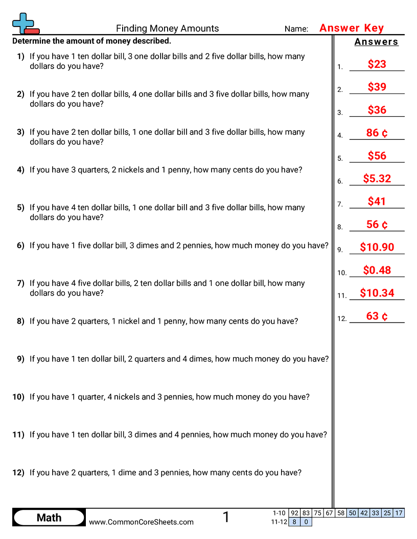 Money Worksheets - Find Amounts (Dollars and Cents) worksheet