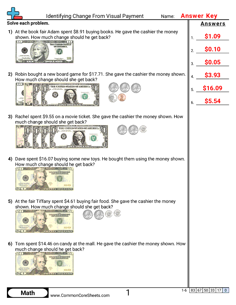 Money Worksheets - Identifying Change From Visual Payment worksheet
