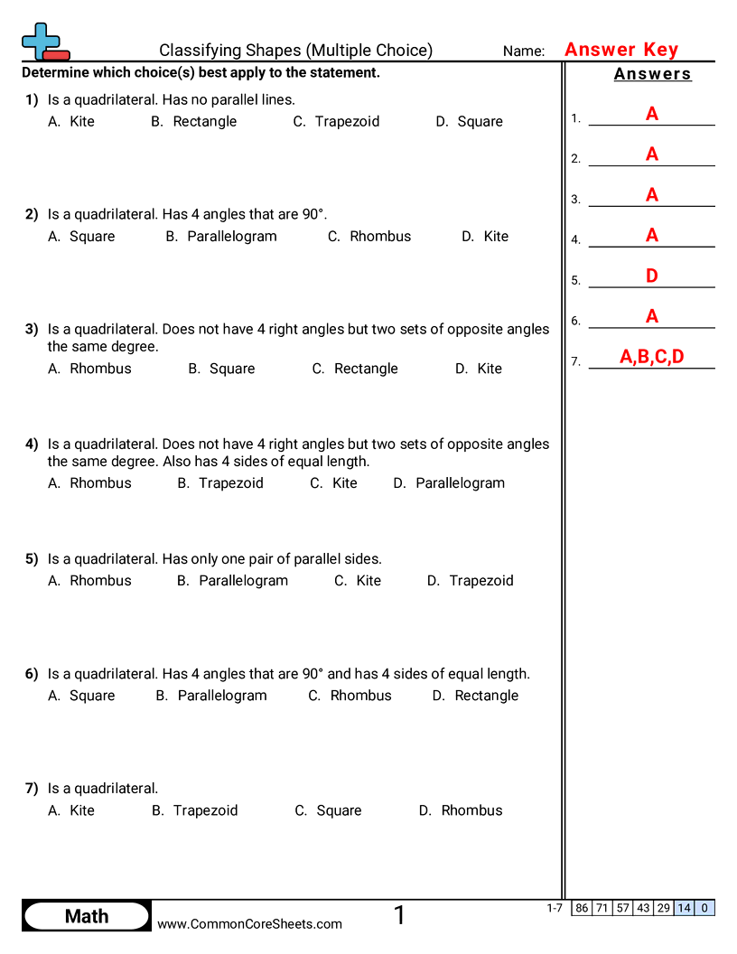 Shapes Worksheets - Classifying Shapes (Multiple Choice) worksheet